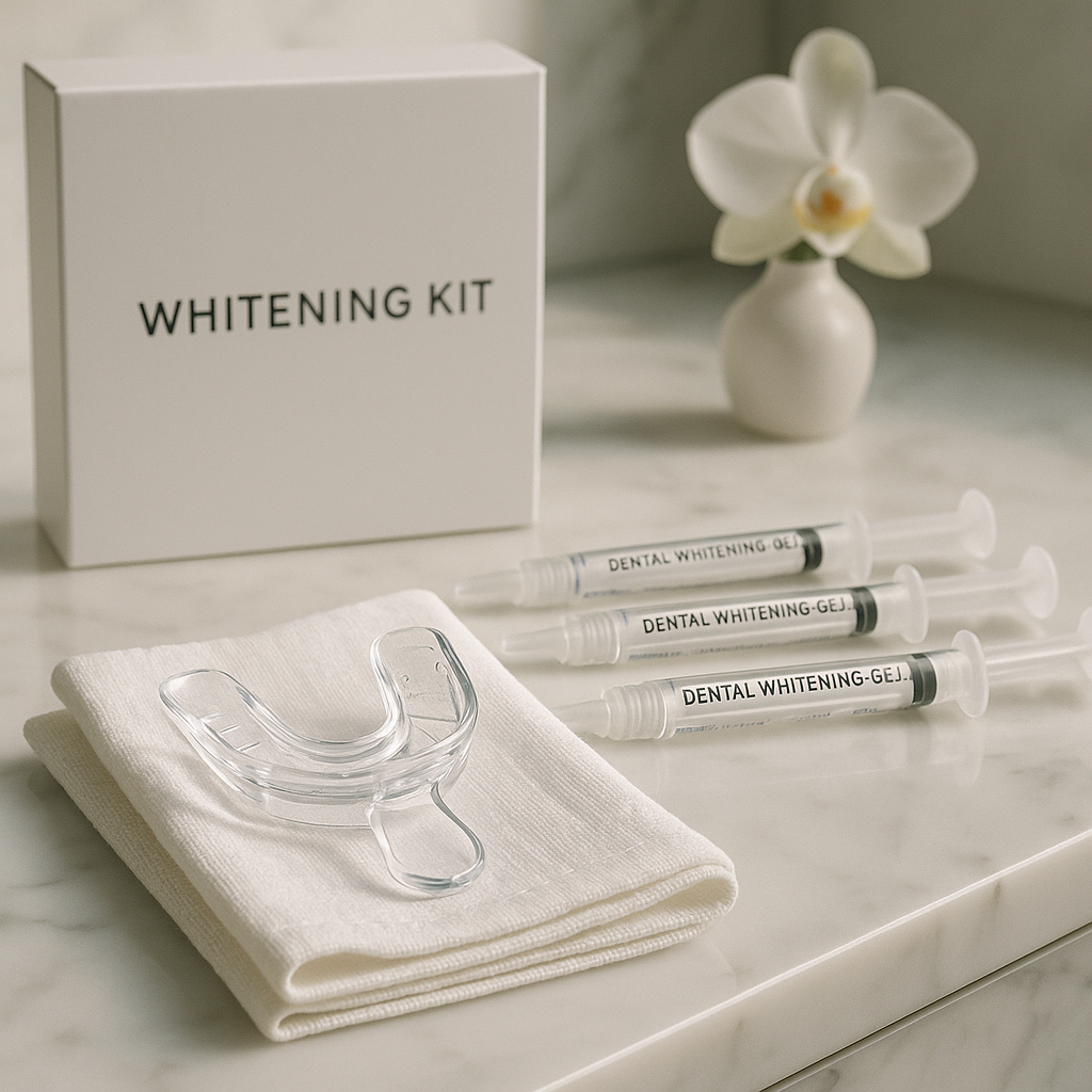 Kit de clareamento caseiro com moldeira personalizada e seringas de gel.
