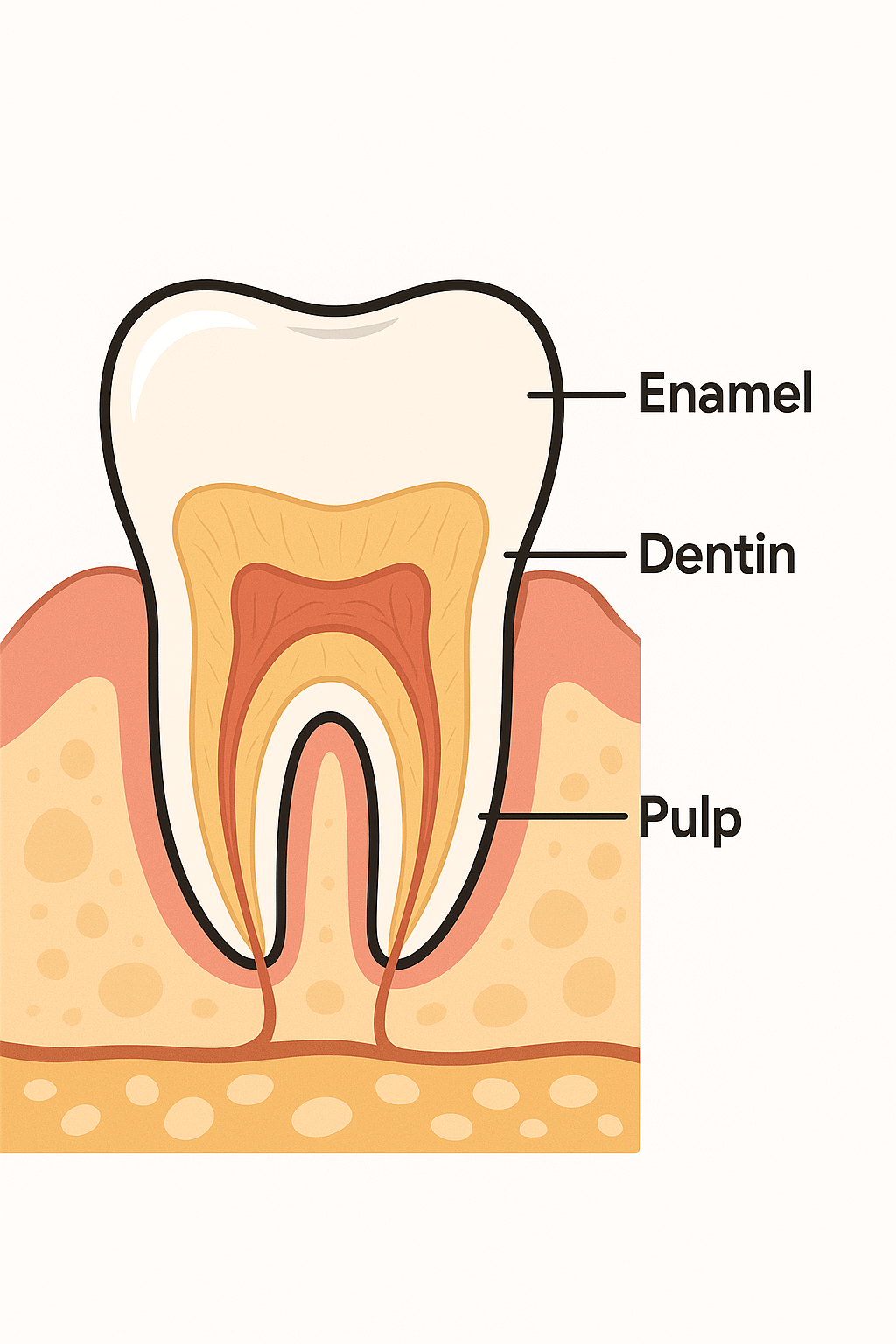 Ilustração da anatomia de um dente saudável, mostrando as camadas: Esmalte, Dentina e Polpa.