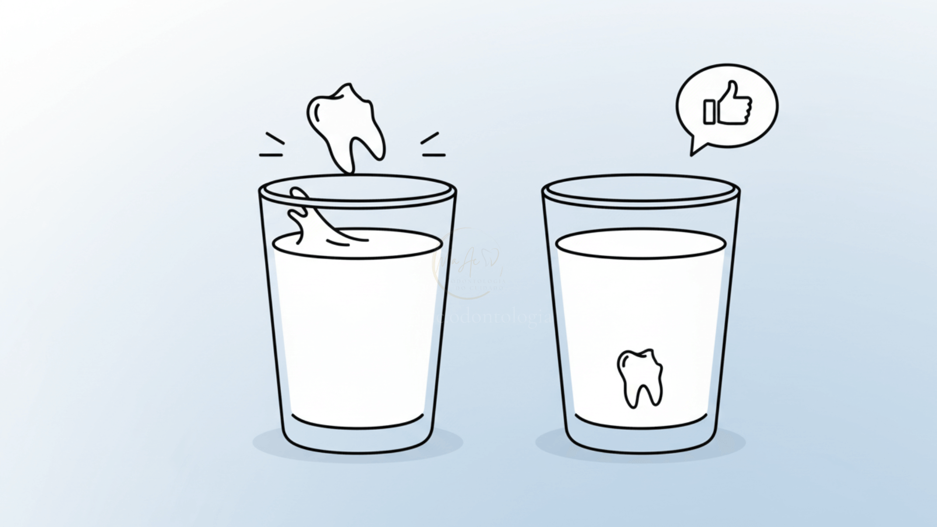 Ilustração de um dente fraturado e um recipiente com leite para transporte