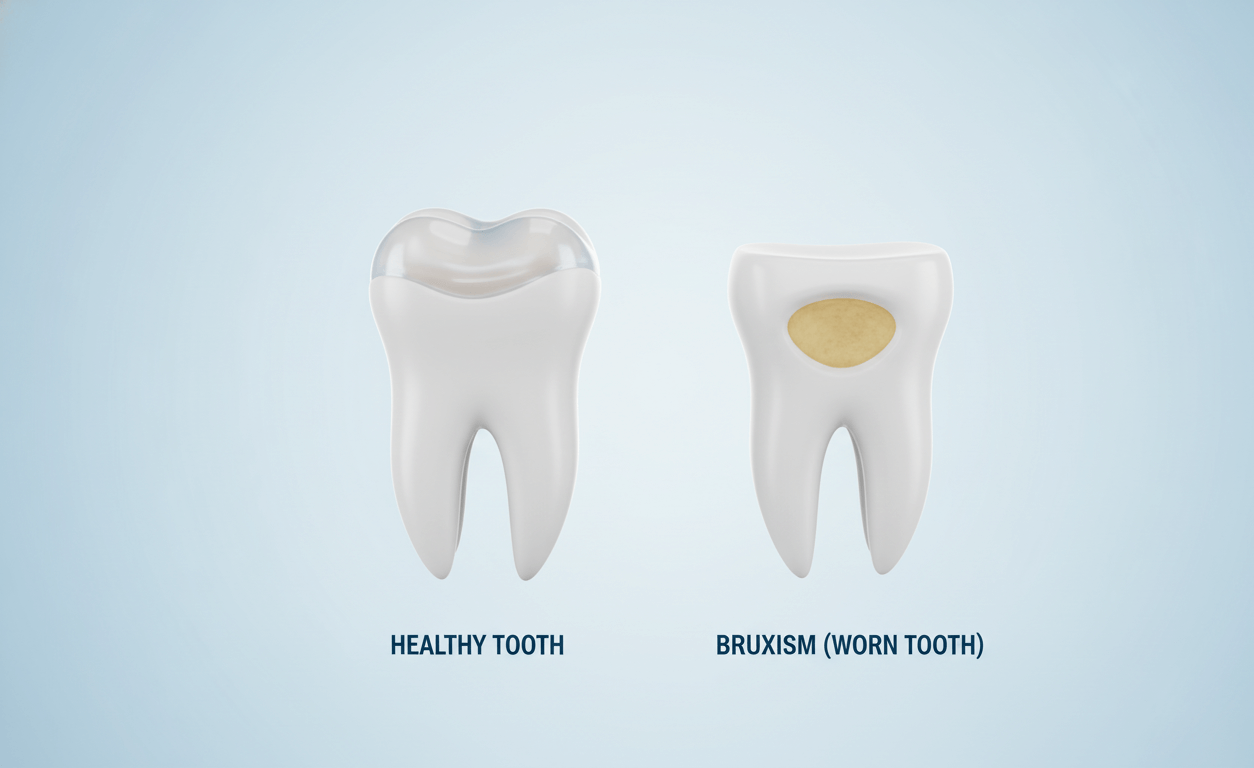 Ilustração mostrando dentes com desgaste nas pontas devido ao atrito