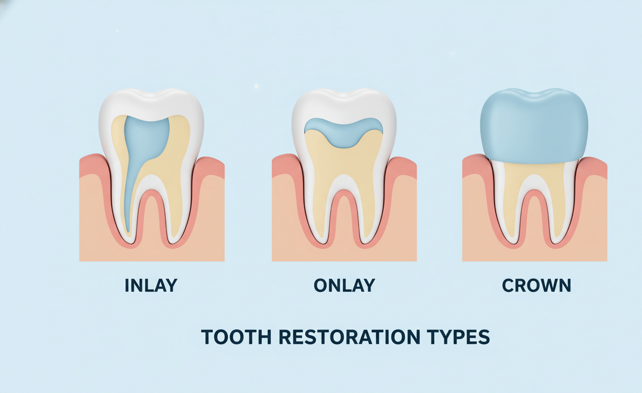 Ilustração lado a lado comparando a área de cobertura de Inlay, Onlay e Overlay