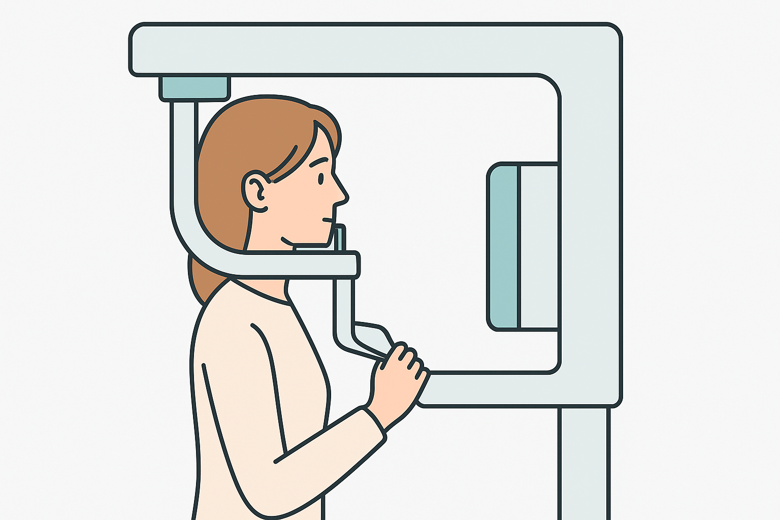 Desenho ilustrativo de um paciente realizando um exame de radiografia panorâmica.