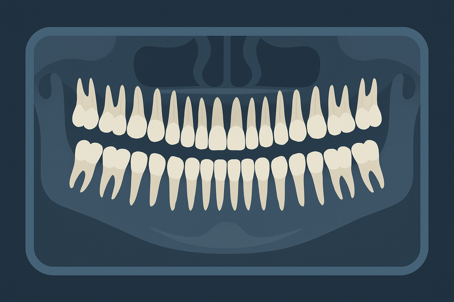 Desenho de um resultado de raio-x panorâmico, mostrando todos os dentes e a mandíbula.