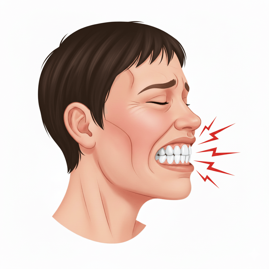 Ilustração mostrando o desgaste acentuado dos dentes causado pelo bruxismo.