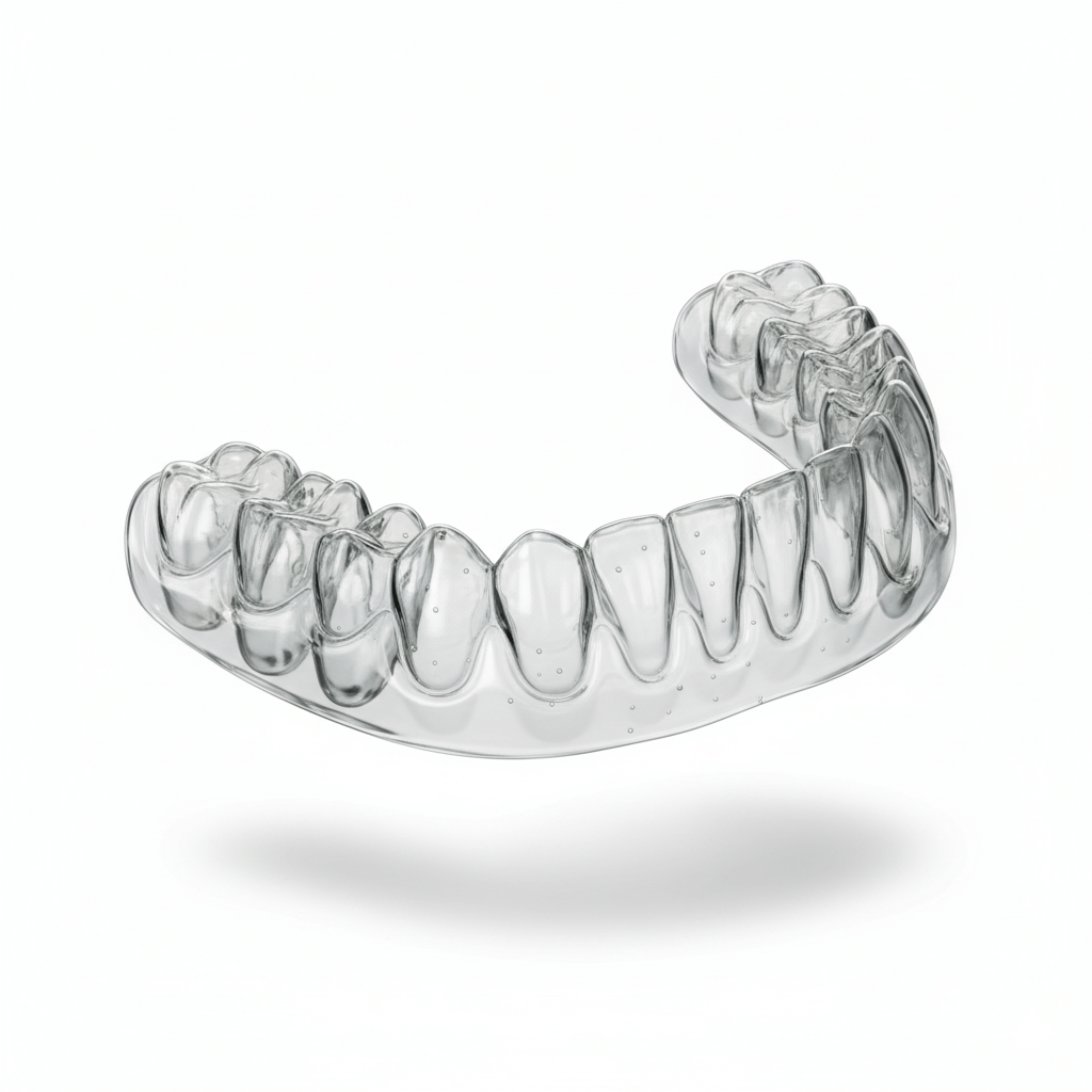 Exemplo de uma placa de bruxismo (miorrelaxante) feita de acrílico rígido e transparente.