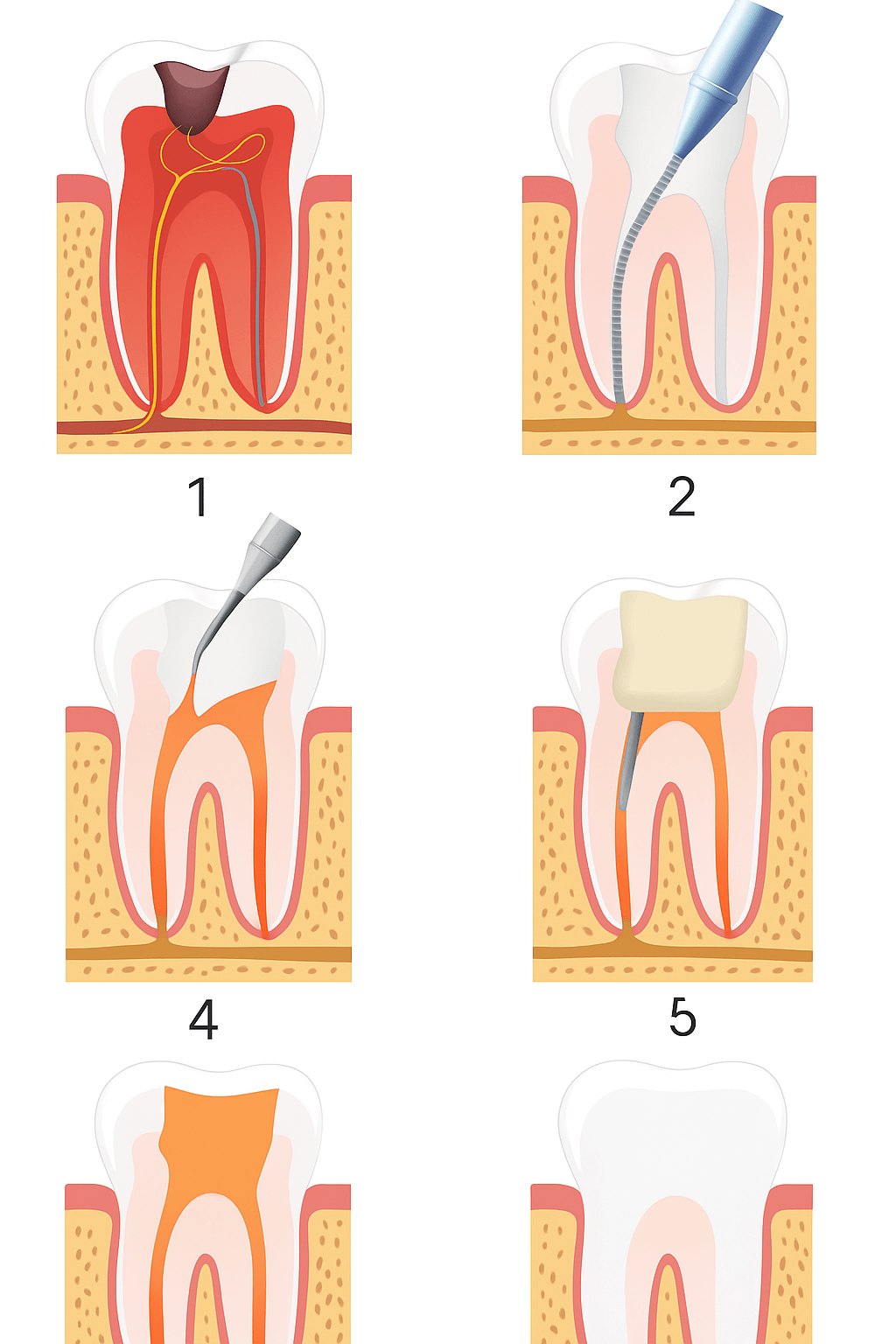 Ilustração mostrando as 5 fases do tratamento de canal: inflamação, acesso, limpeza, preenchimento e restauração.