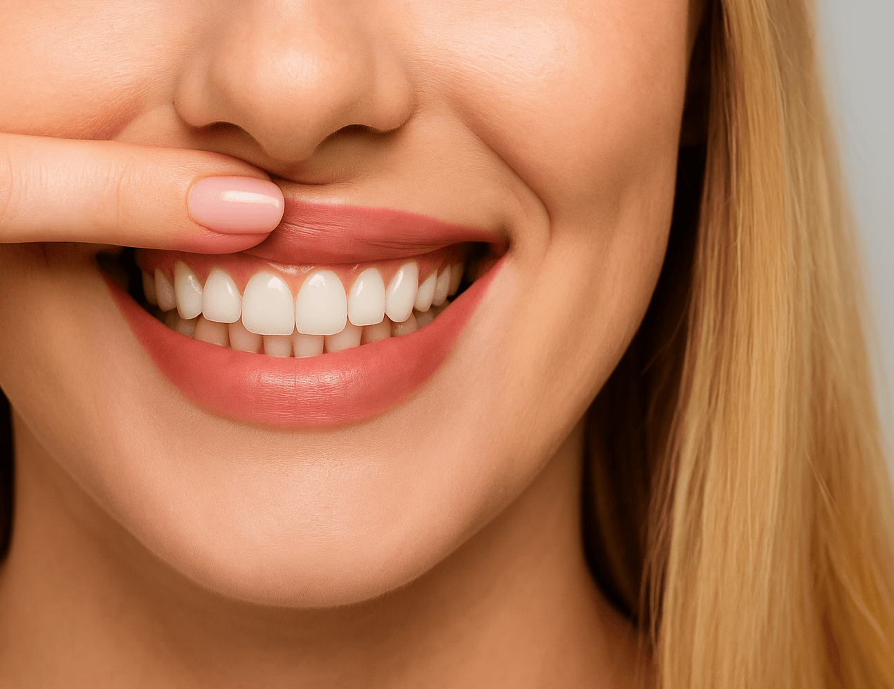 Mulher com um sorriso claro e saudável após clareamento dental na MAAC Odontologia.