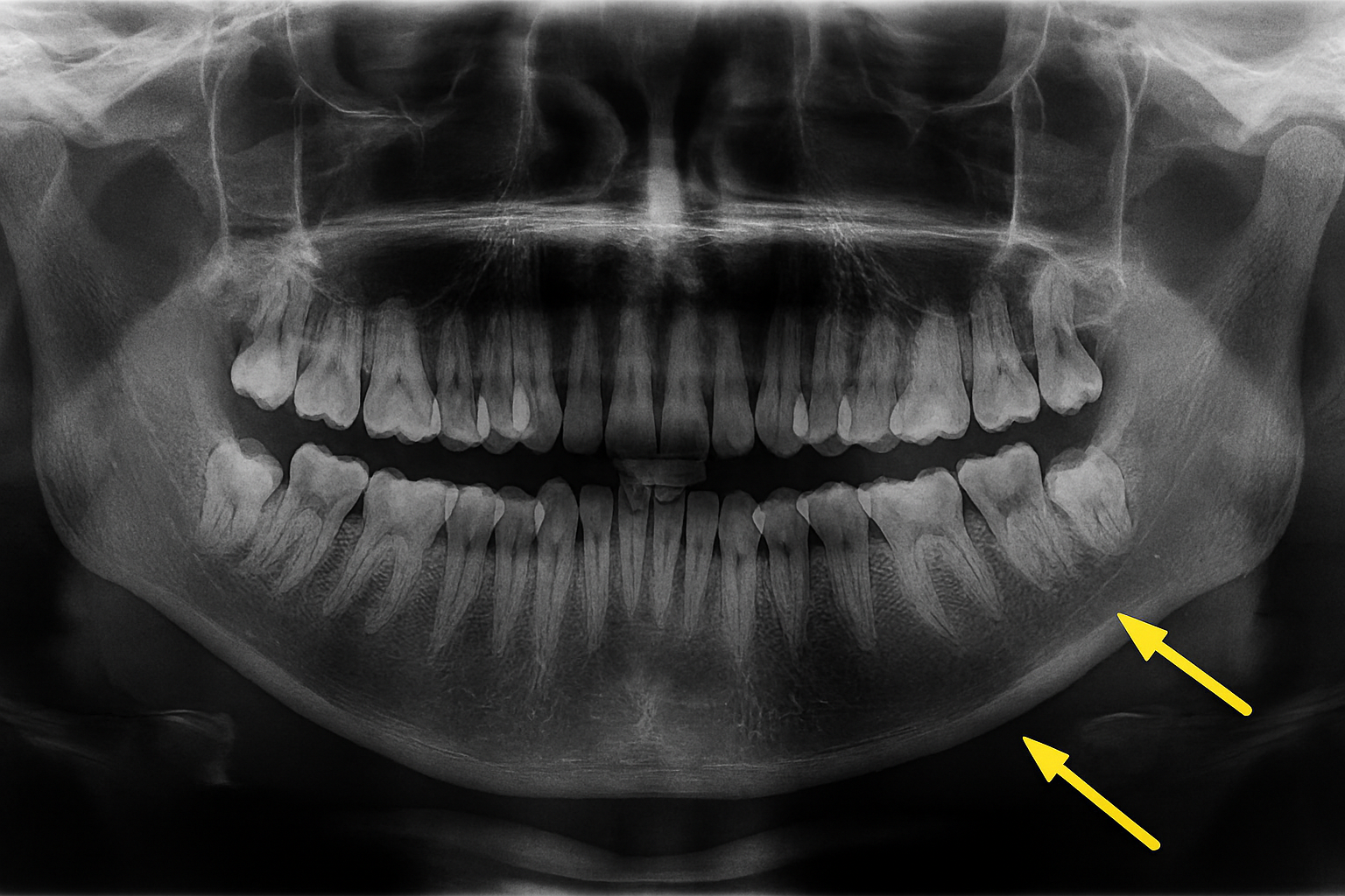 Raio-x panorâmico mostrando dentes do siso que podem precisar de extração.
