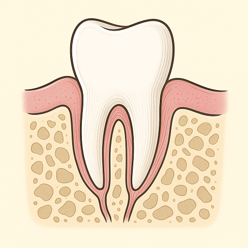 Ilustração detalhada mostrando a gengiva, o dente, o osso alveolar e o ligamento periodontal.