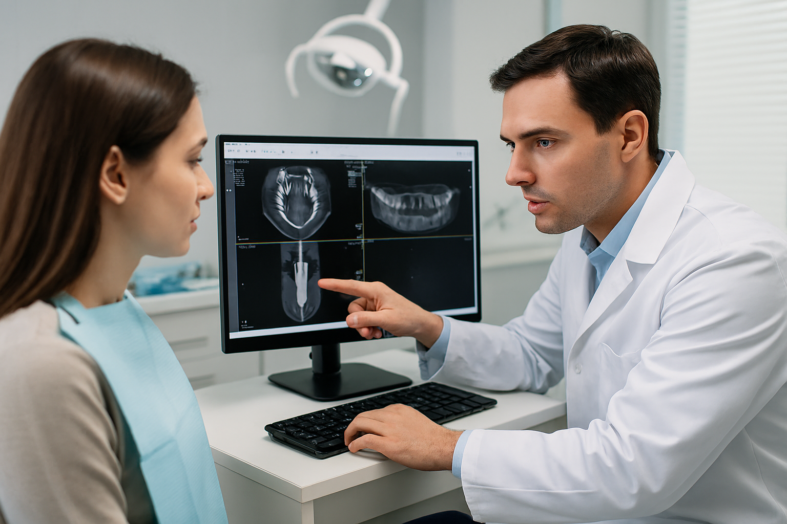 Dentista da MAAC analisando uma tomografia para planejamento de implante dentário.