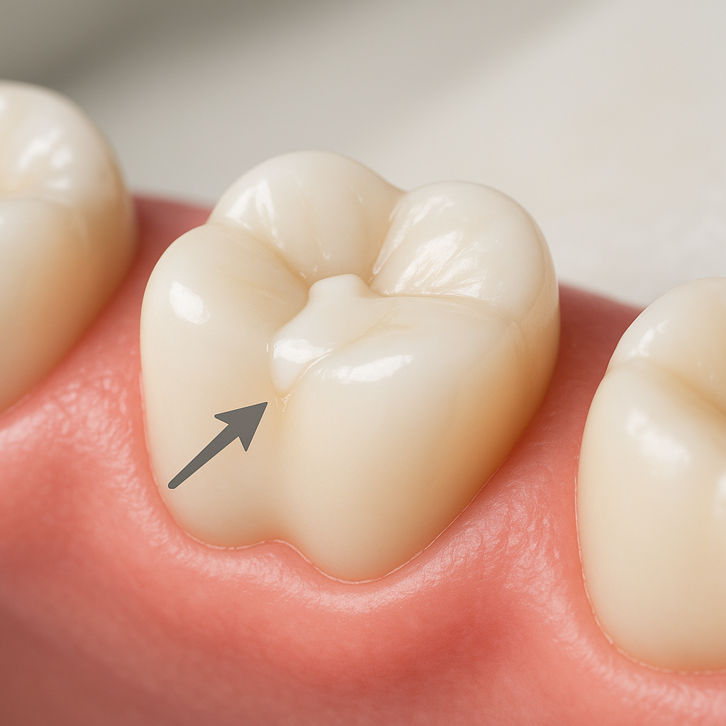 Close-up de um dente molar com uma restauração em resina bem adaptada.
