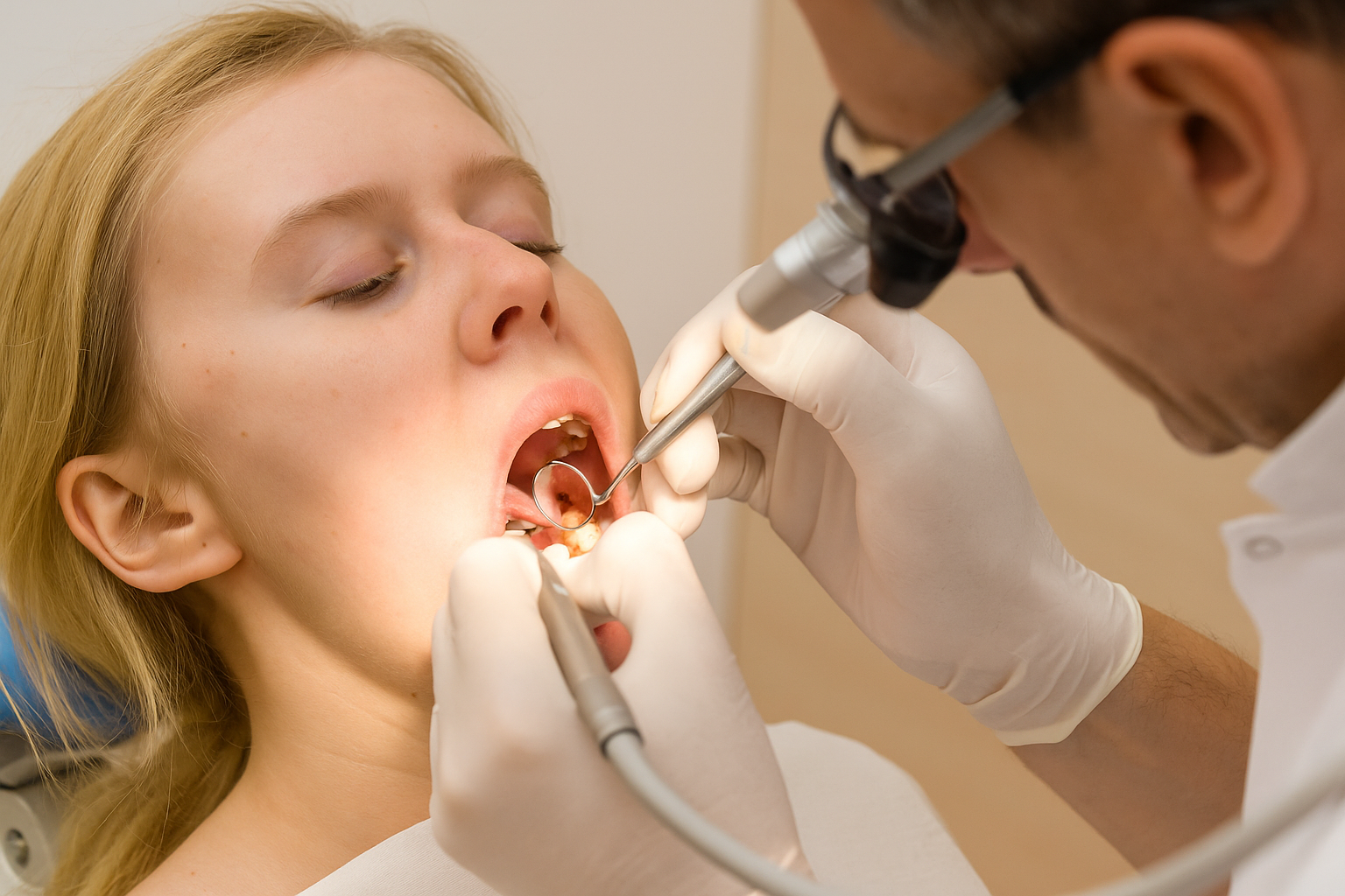 Dentista aplicando resina composta para uma restauração dental estética.
